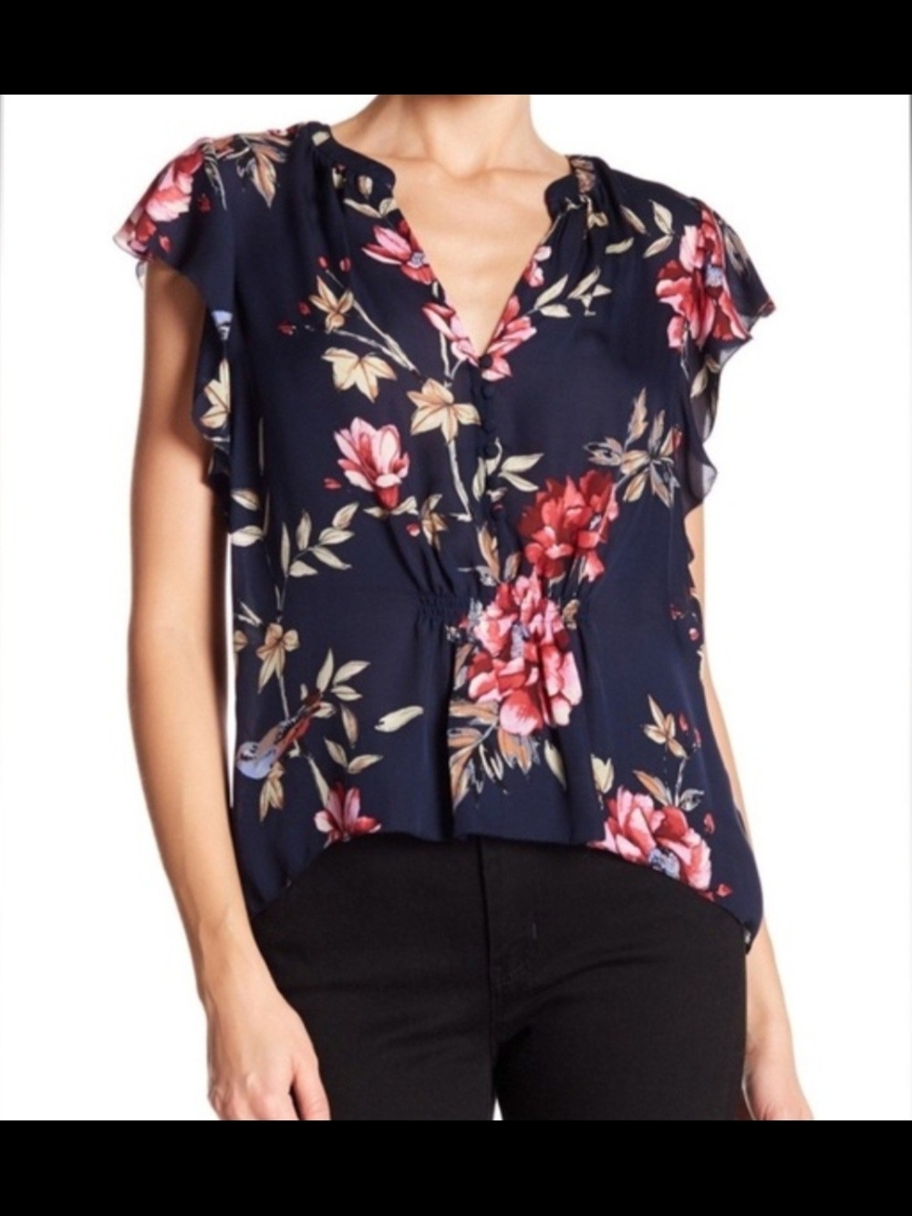 Joie Crisbell 100% Silk Floral Print Flutter Sleeve Blouse